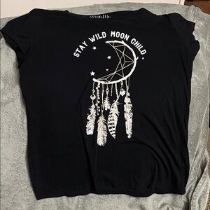 Wound Up Black Tee with Moon and Feathers